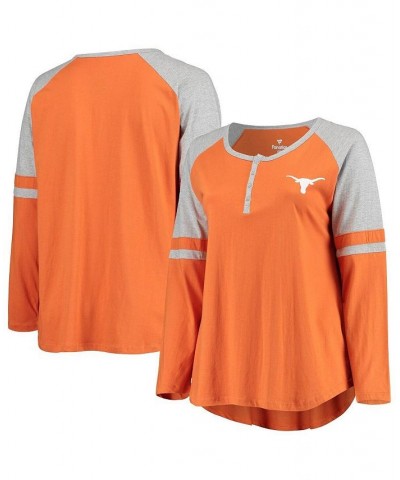 Women's Texas Longhorns Plus Size Henley Raglan Long Sleeve T-shirt Texas Orange, Heathered Gray $26.65 Tops