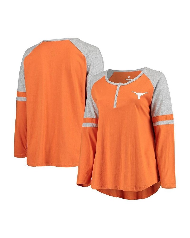 Women's Texas Longhorns Plus Size Henley Raglan Long Sleeve T-shirt Texas Orange, Heathered Gray $26.65 Tops