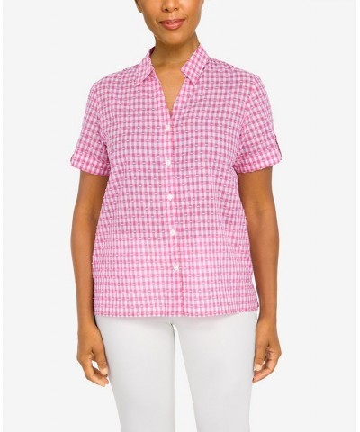 Petite Classics Stencil Floral Short Sleeve Button Down Top Pink $31.61 Tops