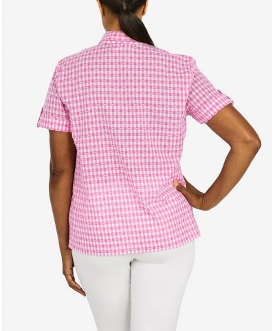 Petite Classics Stencil Floral Short Sleeve Button Down Top Pink $31.61 Tops