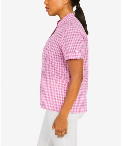 Petite Classics Stencil Floral Short Sleeve Button Down Top Pink $31.61 Tops