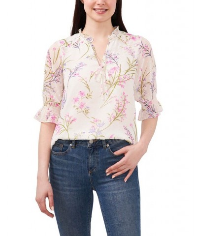 Women's Tie Neck Floral Blouse Ivory/Cream $42.72 Tops