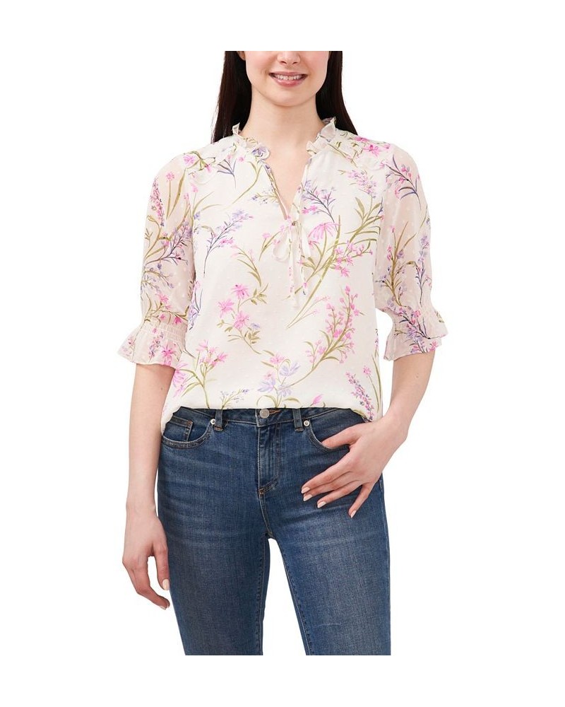 Women's Tie Neck Floral Blouse Ivory/Cream $42.72 Tops