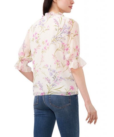 Women's Tie Neck Floral Blouse Ivory/Cream $42.72 Tops