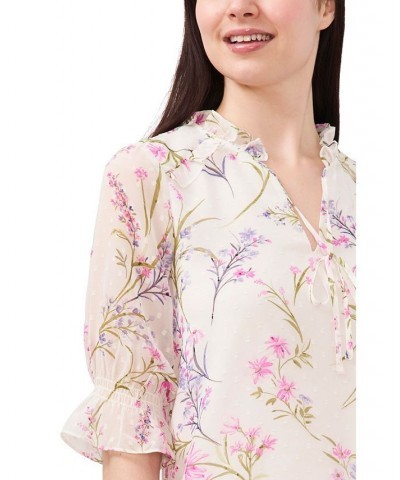 Women's Tie Neck Floral Blouse Ivory/Cream $42.72 Tops