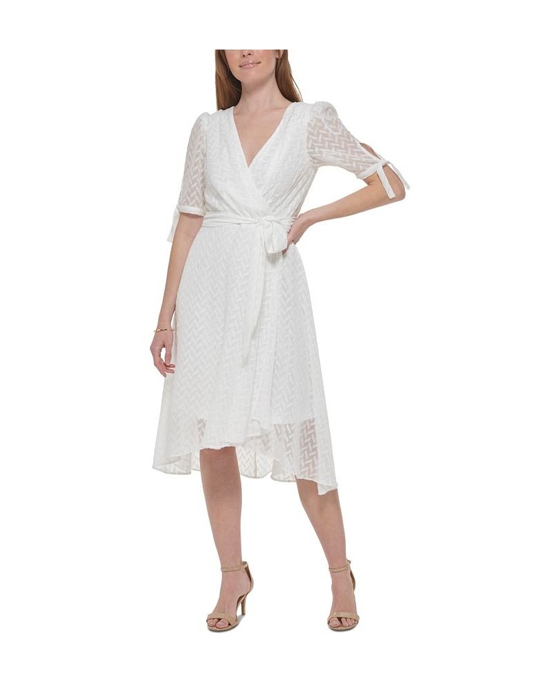 Women's Chevron-Texture Faux-Wrap Midi Dress Ivory $40.69 Dresses