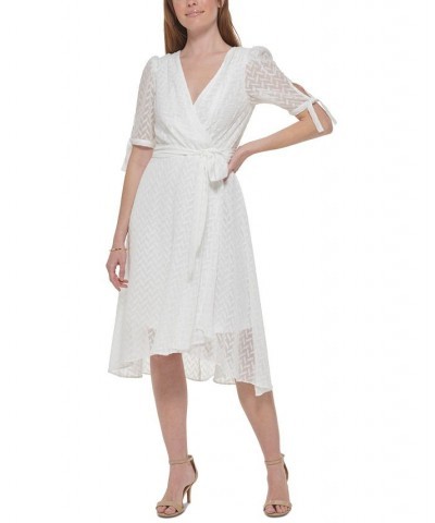 Women's Chevron-Texture Faux-Wrap Midi Dress Ivory $40.69 Dresses