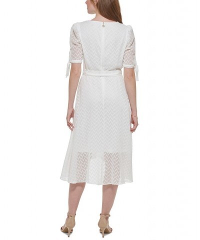 Women's Chevron-Texture Faux-Wrap Midi Dress Ivory $40.69 Dresses