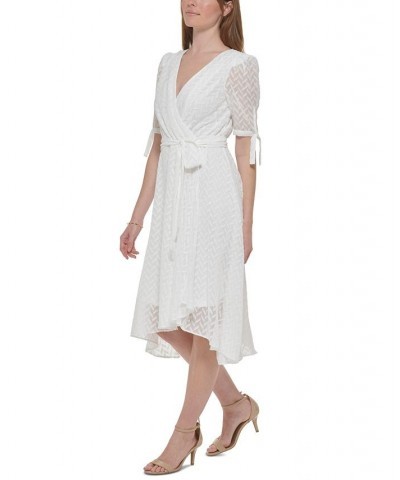 Women's Chevron-Texture Faux-Wrap Midi Dress Ivory $40.69 Dresses