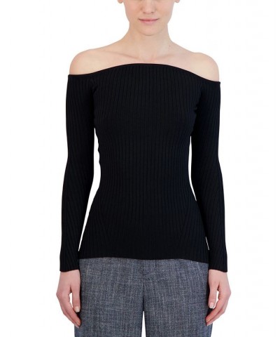 Women's Off-The-Shoulder Ribbed Knit Sweater Black $51.09 Sweaters