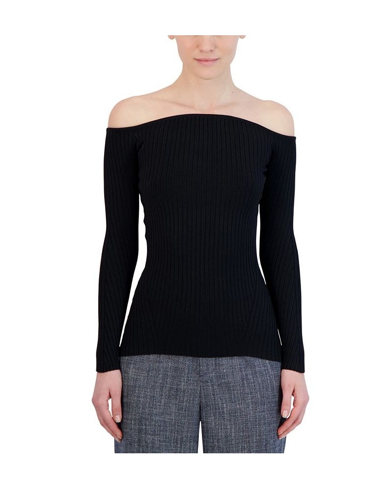 Women's Off-The-Shoulder Ribbed Knit Sweater Black $51.09 Sweaters