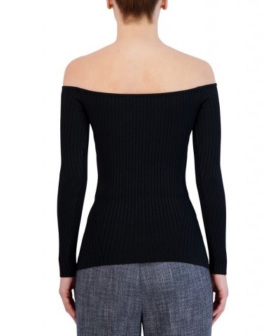 Women's Off-The-Shoulder Ribbed Knit Sweater Black $51.09 Sweaters