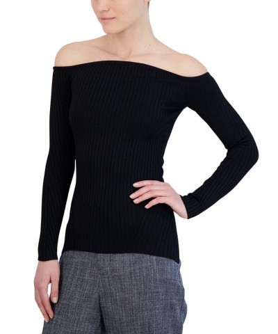 Women's Off-The-Shoulder Ribbed Knit Sweater Black $51.09 Sweaters