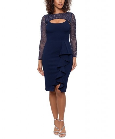 Women's Embellished Long-Sleeve Ruffled Dress Navy Silver $128.57 Dresses