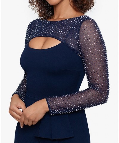 Women's Embellished Long-Sleeve Ruffled Dress Navy Silver $128.57 Dresses