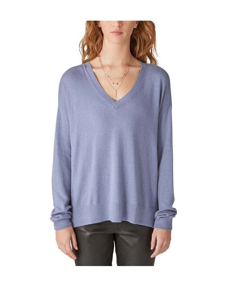 Women's Cloud-Soft V-Neck Long-Sleeve Sweater Blue $29.85 Sweaters