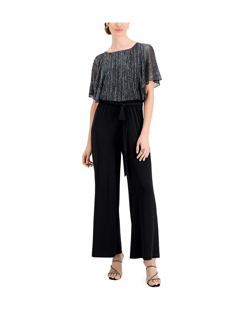 Petite Flutter-Sleeve Shimmering Overlay Jumpsuit Black/Silver $43.56 Pants