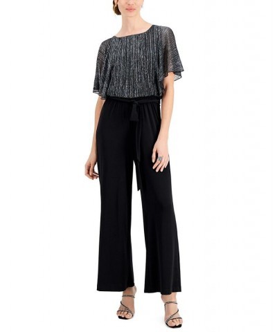 Petite Flutter-Sleeve Shimmering Overlay Jumpsuit Black/Silver $43.56 Pants