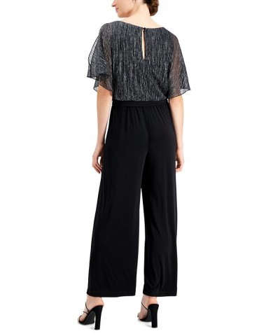 Petite Flutter-Sleeve Shimmering Overlay Jumpsuit Black/Silver $43.56 Pants