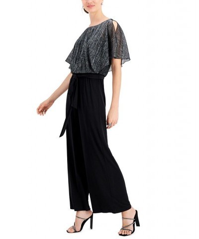 Petite Flutter-Sleeve Shimmering Overlay Jumpsuit Black/Silver $43.56 Pants