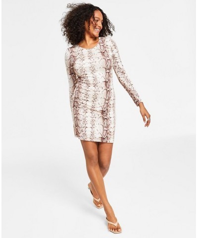 Women's Snakeskin-Print Long-Sleeve Bodycon Dress Snake Pyth $15.77 Dresses