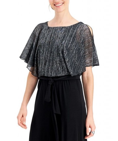 Petite Flutter-Sleeve Shimmering Overlay Jumpsuit Black/Silver $43.56 Pants