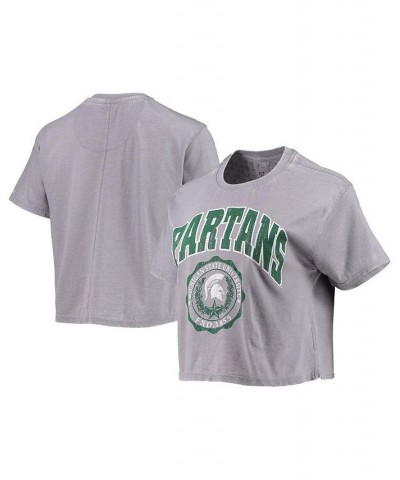 Women's Heathered Gray Michigan State Spartans Edith Vintage-Like Burnout Crop T-shirt Heathered Gray $25.19 Tops