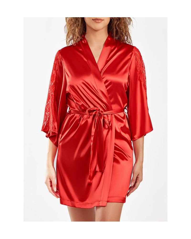 Women's Milena Satin and Lace Robe with Self Tie Sash Red $37.23 Sleepwear