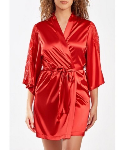 Women's Milena Satin and Lace Robe with Self Tie Sash Red $37.23 Sleepwear