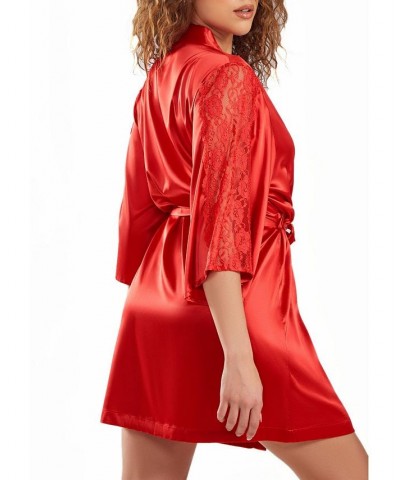 Women's Milena Satin and Lace Robe with Self Tie Sash Red $37.23 Sleepwear