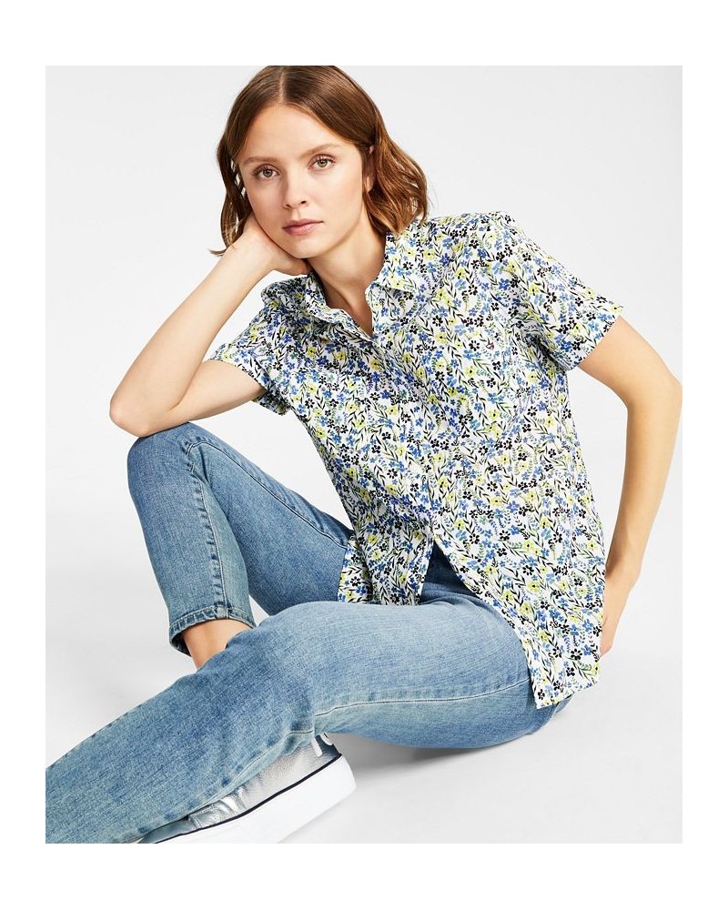 Women's Cotton Floral-Print Camp Shirt Charleston Floral- Bright White/provence Blue $23.39 Tops