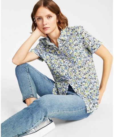 Women's Cotton Floral-Print Camp Shirt Charleston Floral- Bright White/provence Blue $23.39 Tops