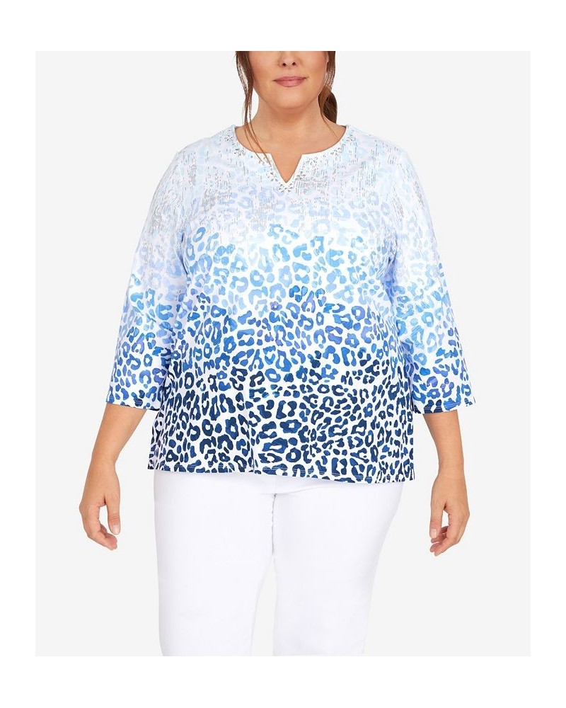 Plus Size Classic Split Neck Animal Ombre 3/4 Sleeve Top Denim $28.77 Tops