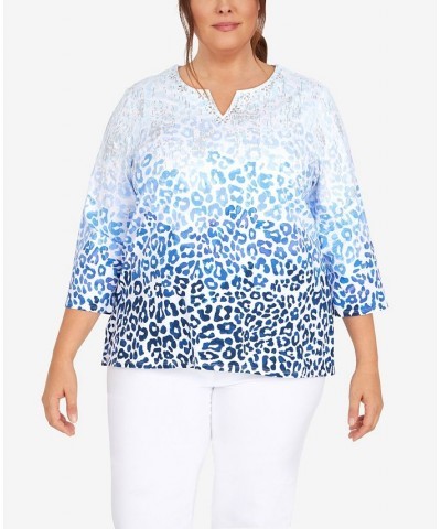 Plus Size Classic Split Neck Animal Ombre 3/4 Sleeve Top Denim $28.77 Tops