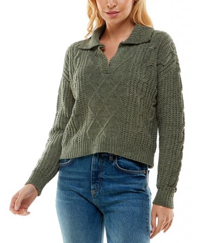 Juniors' Cable-Knit Polo-Collar Chenille Sweater Green $13.02 Sweaters