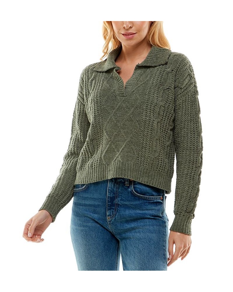 Juniors' Cable-Knit Polo-Collar Chenille Sweater Green $13.02 Sweaters