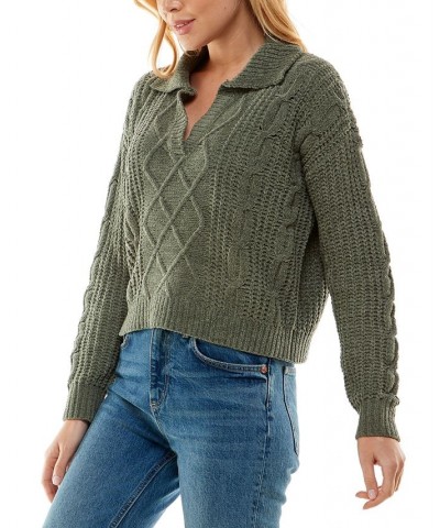 Juniors' Cable-Knit Polo-Collar Chenille Sweater Green $13.02 Sweaters