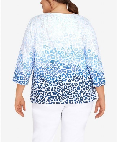 Plus Size Classic Split Neck Animal Ombre 3/4 Sleeve Top Denim $28.77 Tops