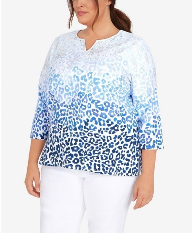 Plus Size Classic Split Neck Animal Ombre 3/4 Sleeve Top Denim $28.77 Tops