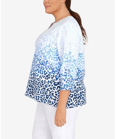 Plus Size Classic Split Neck Animal Ombre 3/4 Sleeve Top Denim $28.77 Tops