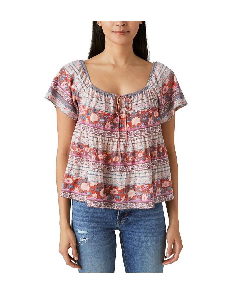 Women's Tie-Neck Tiered Swing Top Red Multi $29.89 Tops