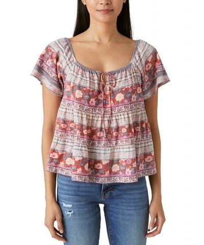 Women's Tie-Neck Tiered Swing Top Red Multi $29.89 Tops