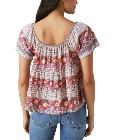 Women's Tie-Neck Tiered Swing Top Red Multi $29.89 Tops