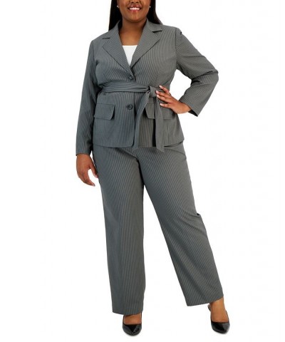 Plus Size Belted Pinstripe Blazer & Pants Gray $64.00 Suits