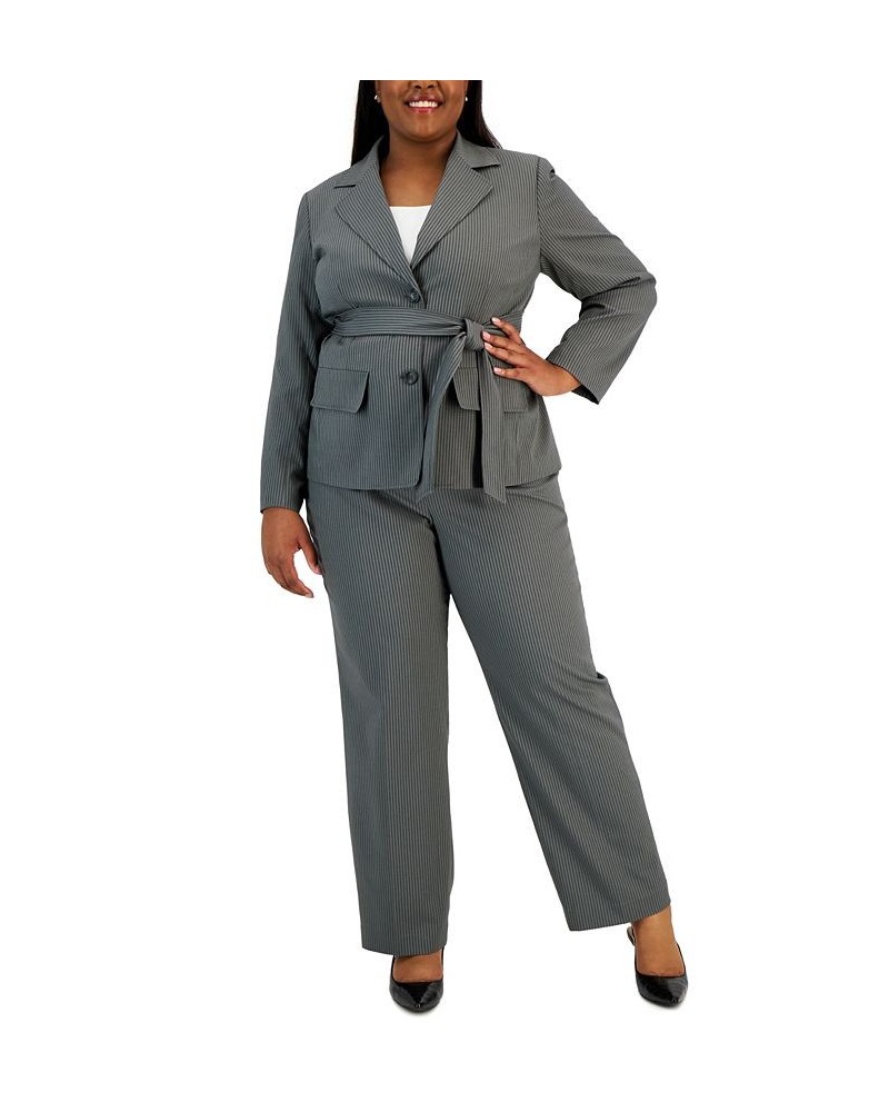 Plus Size Belted Pinstripe Blazer & Pants Gray $64.00 Suits