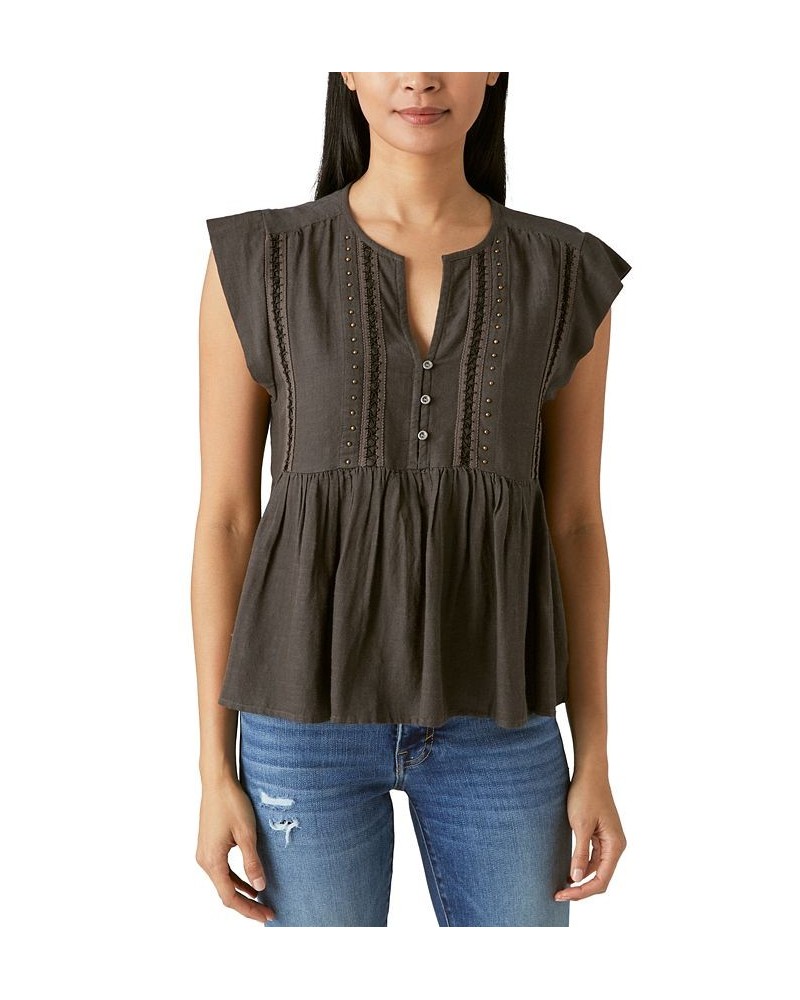 Women's Studded Split-Neck Babydoll Top Black $35.80 Tops