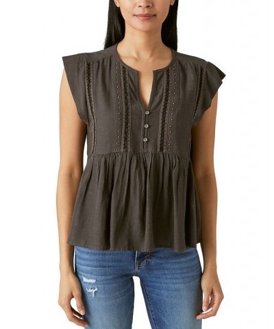 Women's Studded Split-Neck Babydoll Top Black $35.80 Tops