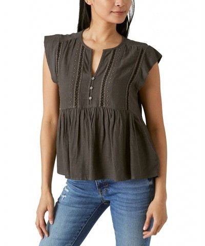 Women's Studded Split-Neck Babydoll Top Black $35.80 Tops