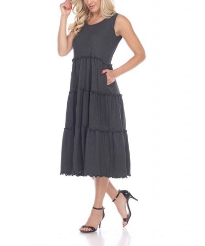 Women's Scoop Neck Tiered Midi Dress Gray $17.16 Dresses