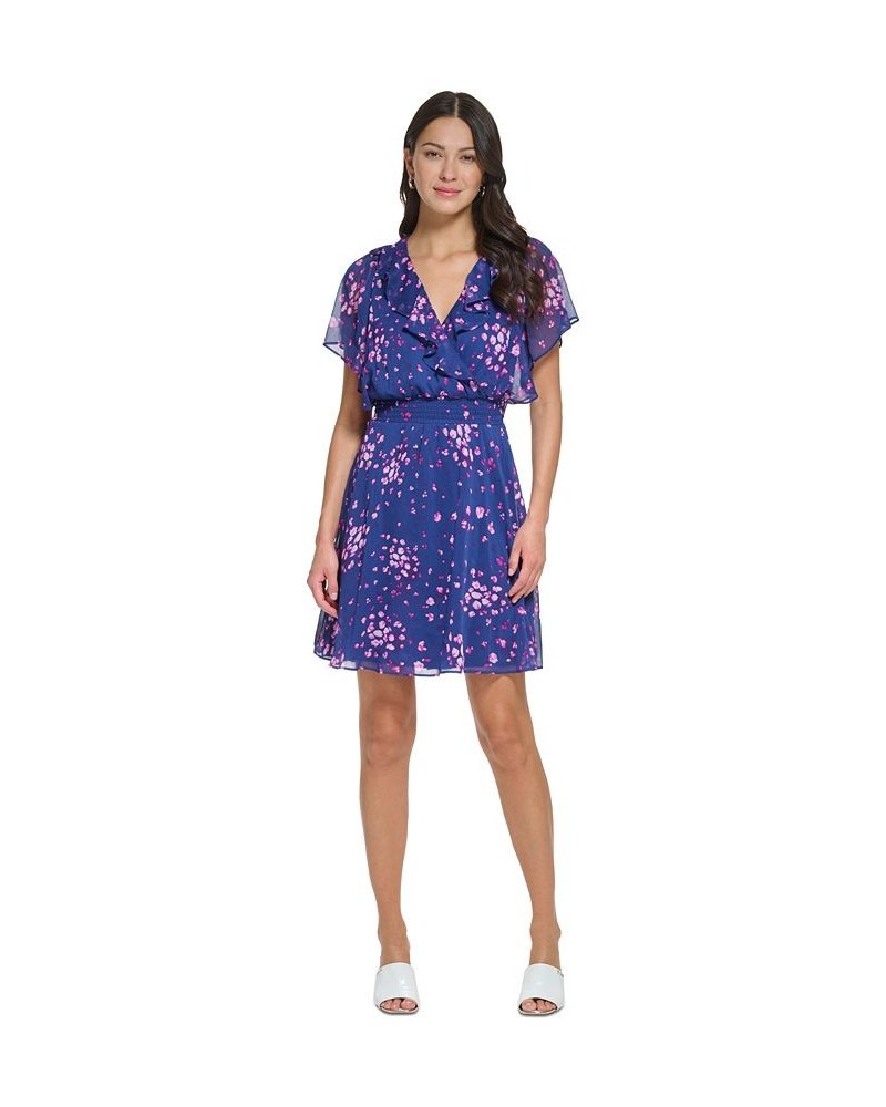 Petite Floral-Print Ruffled Smocked-Waist V-Neck Dress Blue/Raspberry $43.20 Dresses